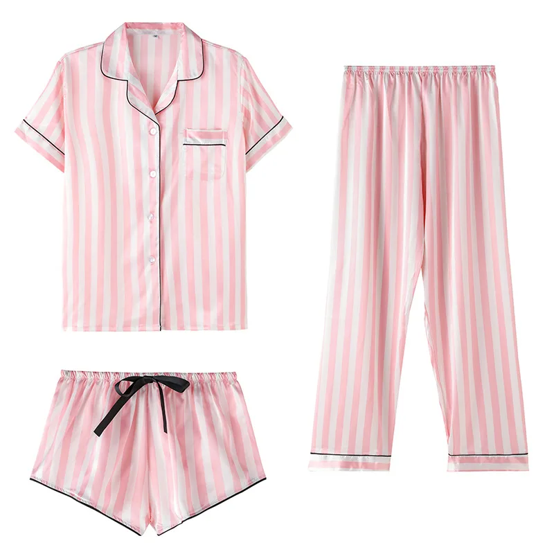 

4 in 1 Summer Pajamas for Women Satin Silk Stripes Sleepwear Pyjamas Short Pink Loungewear Pjamas Ladies Home Suit Homewear Woma