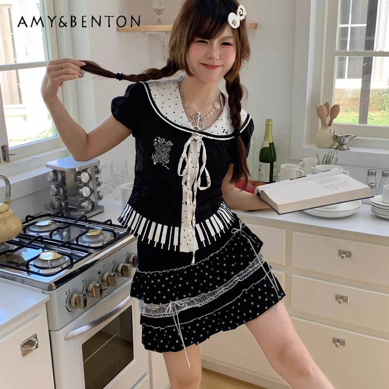 

Summer New Black Embroidered Navy Collar Women's T-Shirt Japanese Design Sweet Cute Button Decoration Age-Reducing T-shirts Girl