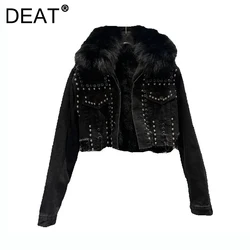 DEAT Women Denim Jackets Broken Holes Embroidered Flares Black Thick Faux Fur Short Female Coat 2024 New Fashion Autumn 11A01605