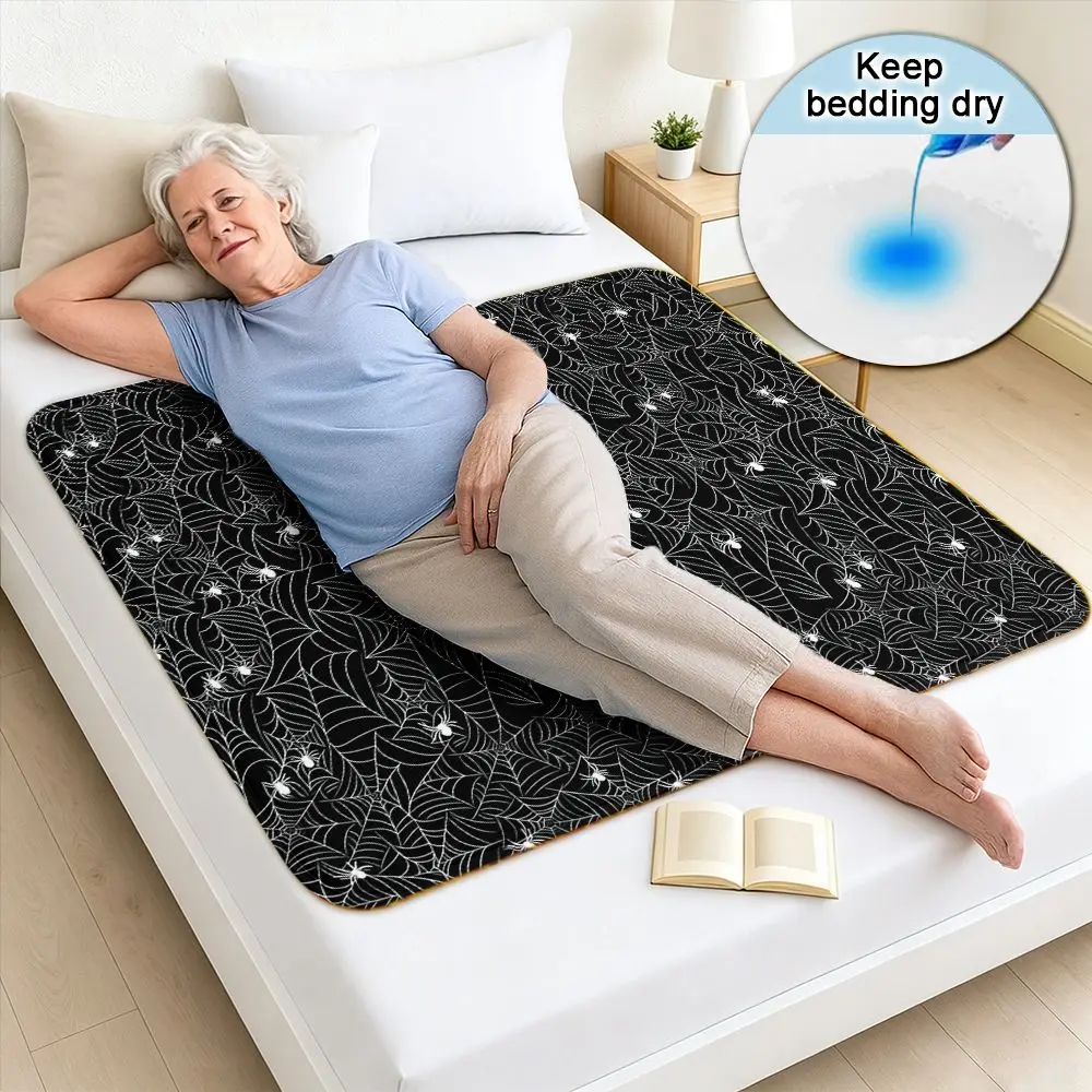 Washable & Reusable Care Urine Pad, Black Background With White Leaf And Star Patterns, 2D FLAT Printing Incontinence Bed Pad