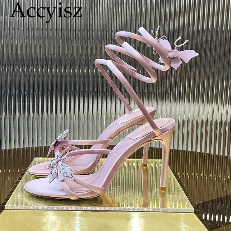 

2024 Summer New Bow Fairy Crystal Genuine Leather Snake Wrapped High Heels for Women's Solid Color Party Fashion Sexy Sandals