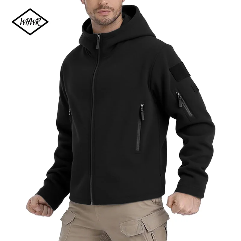 

2025 Новая осенне-зимняя флисовая куртка с капюшоном, мужская флисовая куртка с капюшоном на молнии, уличное ветрозащитное теплое рабочее пальто с капюшоном