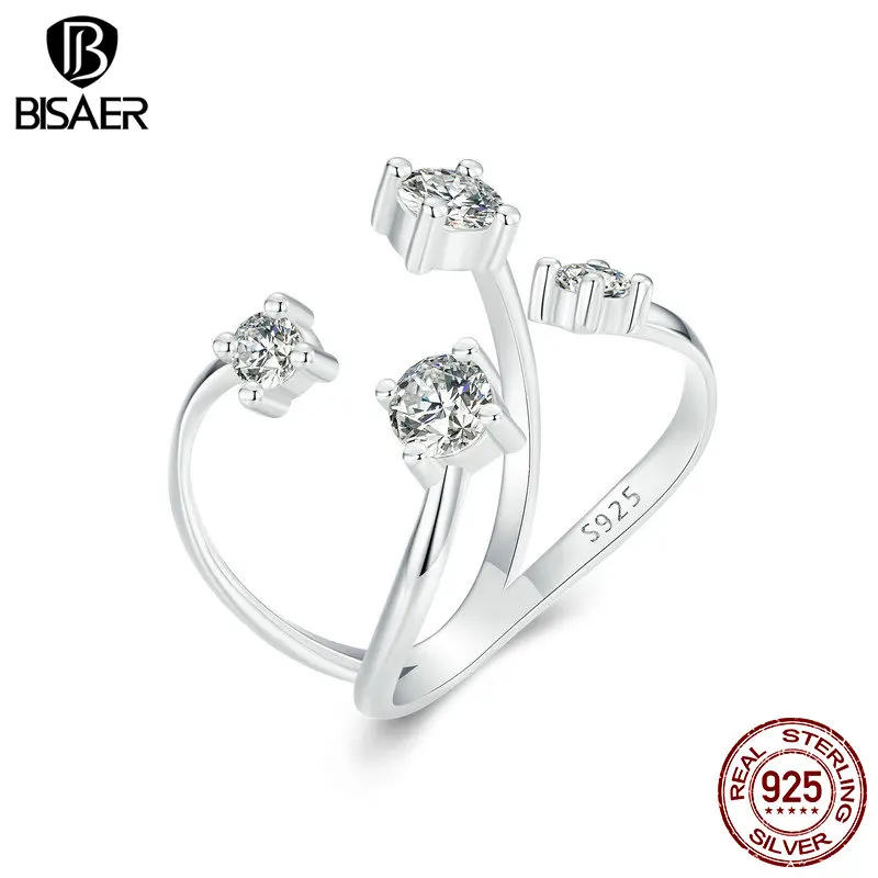 BISAER-anillo abierto minimalista de doble capa para mujer, de Plata de Ley 925, banda brillante chapada en oro blanco, joyería fina para fiesta