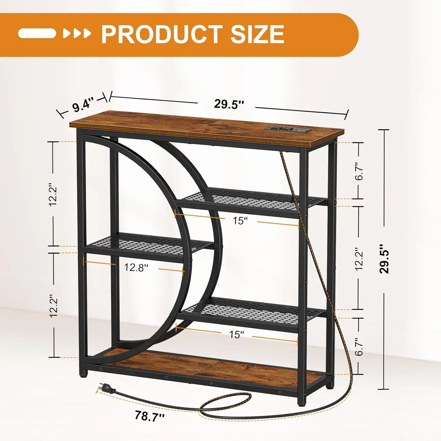 طاولة كونسول مع قاعدة شحن، طاولة أريكة صناعية ضيقة مع أرفف تخزين من 5 طبقات