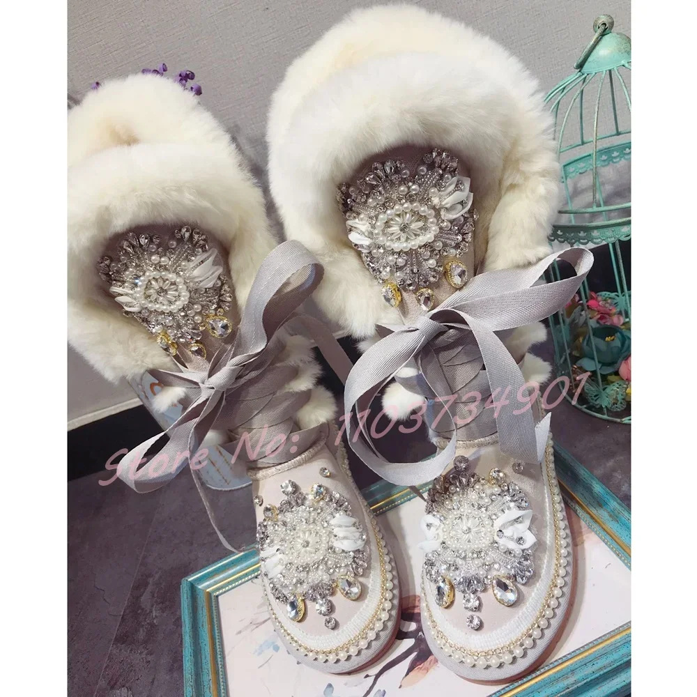 

Зимние сапоги с меховыми кристаллами и цветами, женские модные розовые теплые противоскользящие туфли до середины икры, женские милые зимние ботинки из натуральной кожи