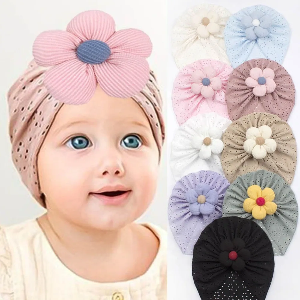 

Soft Breathable Baby Girl Hat Lovely Flower Solid Color Elastic Newborn Cap Hollow Out Baby Hat Summer