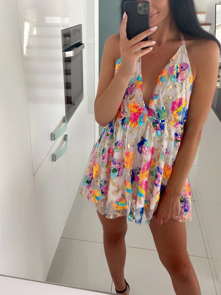 Sexy sem mangas floral lantejoulas rosa noite fora vestido de festa profundo decote em v sem costas curto night club out verão mini vestido