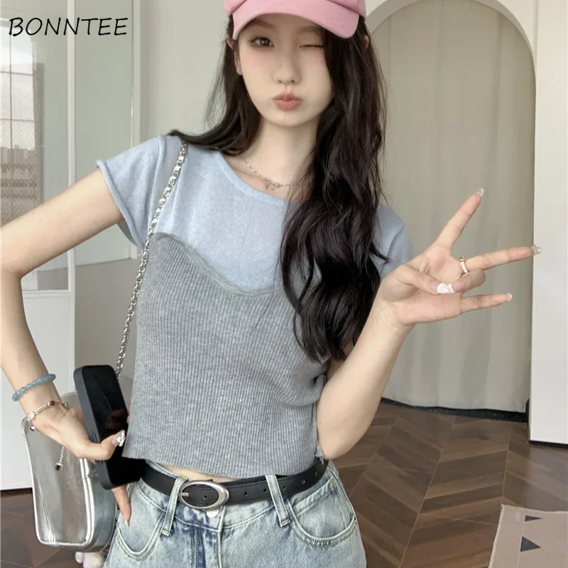 

Short Sleeve T-shirts Women Patchwork Knitted Crop Casual Tops Sexy Temper Tender All-match Korean Style Slim Summer New Chic