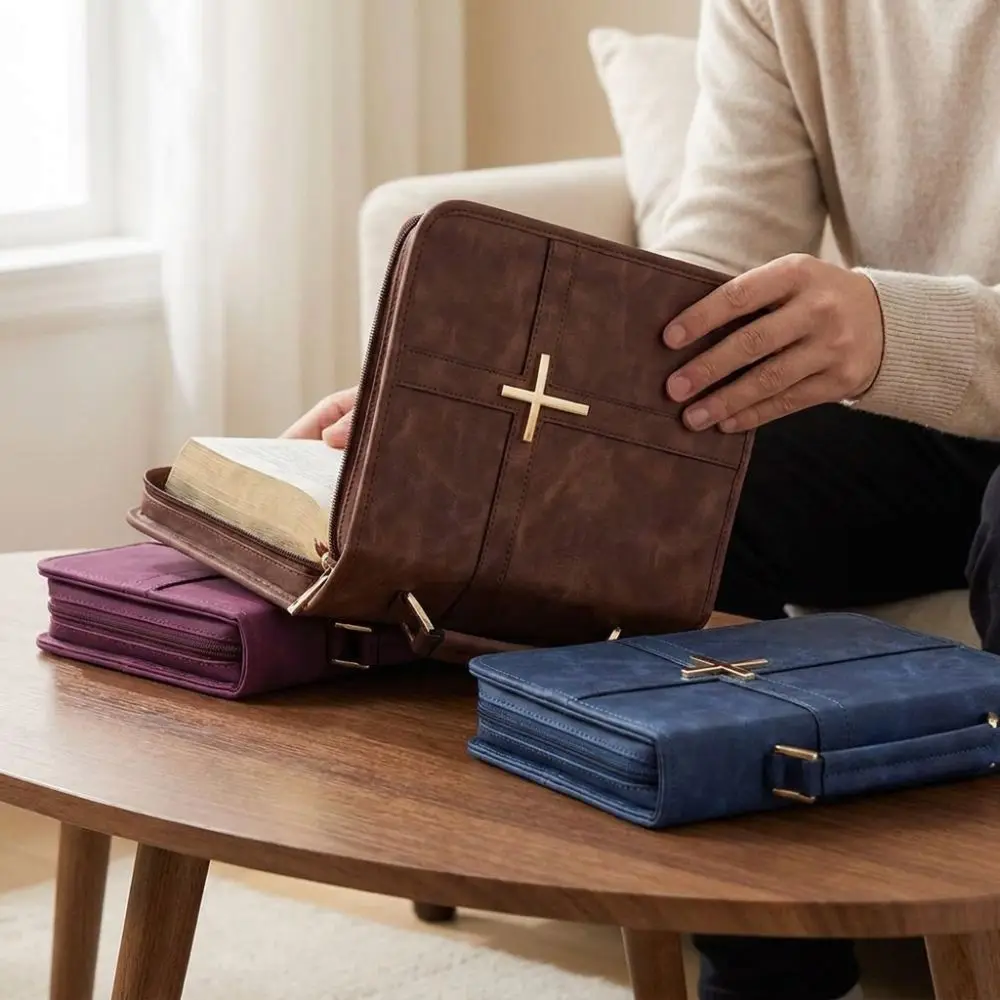 Cross-themed Vegan Leather Bible Cover Dust-proof Built-in Bookmark Ribbon Bible Carrying Case Scratch Resistant Zipper Closure