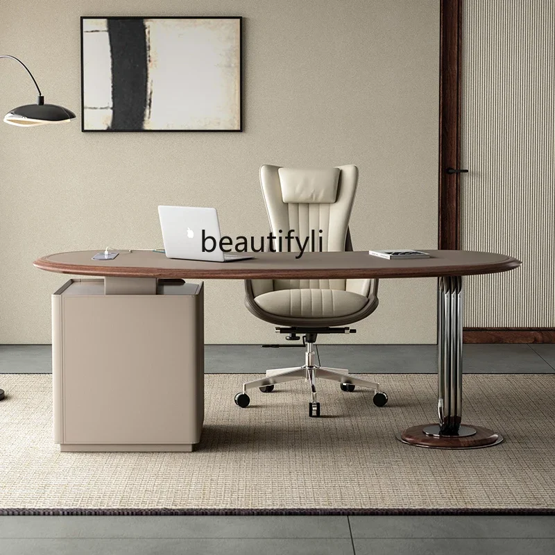 Vintage Style Saddle Leather Desk Italian Minimalist Home Office Dual-use Desk with Side Cabinet Solid Wood