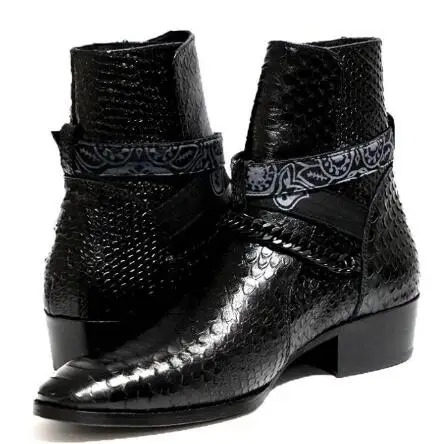 Black Crocodile Pattern Print Pointed Toe Black Chain Cross Strap Buckle Ankle Boots Man Low Heels British Short Chelsea Boots