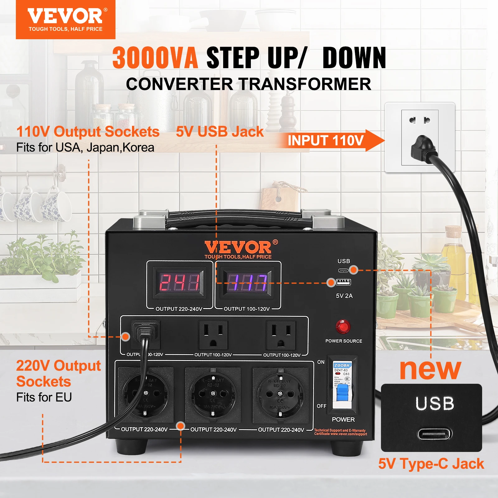 VEVOR Power Converter 3000W Durable Step Up/Down Unit Switches  Includes US and EU Outlets plus 5V USB, CE Approved