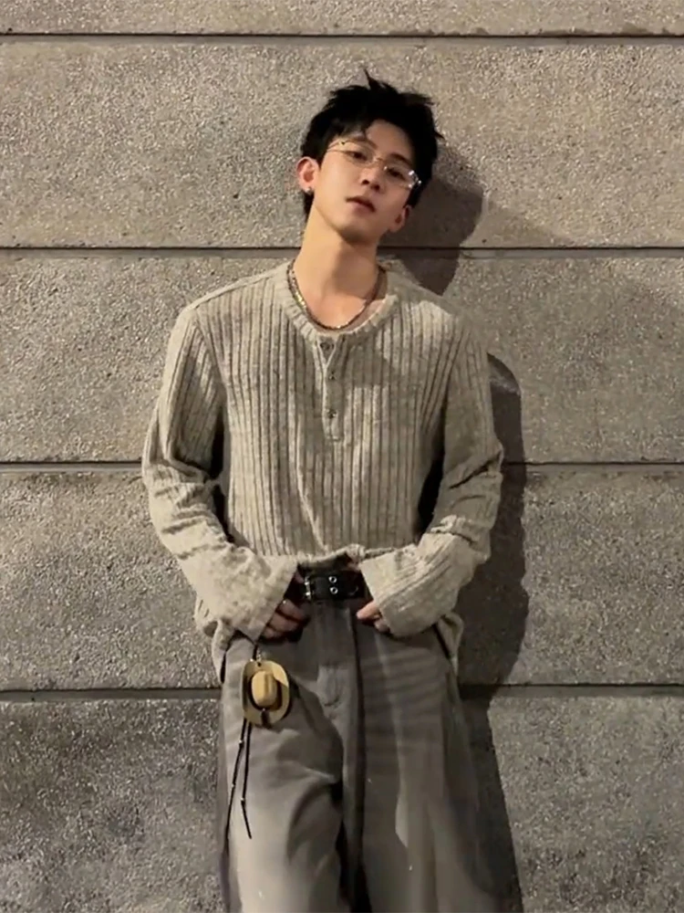 

Retro Long Sve irt Men's Sle Autumn Faion American Henry Collar T-irt High-End Feeling Loose Fit Youth ular