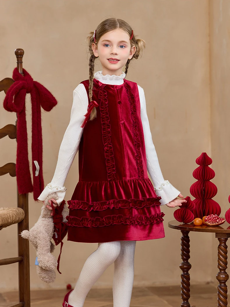 Girls Premium Red Velvet Christmas Dress with Fleece Lining, Sleeveless Holiday Party Gown for Birthday, Easter, Pageant