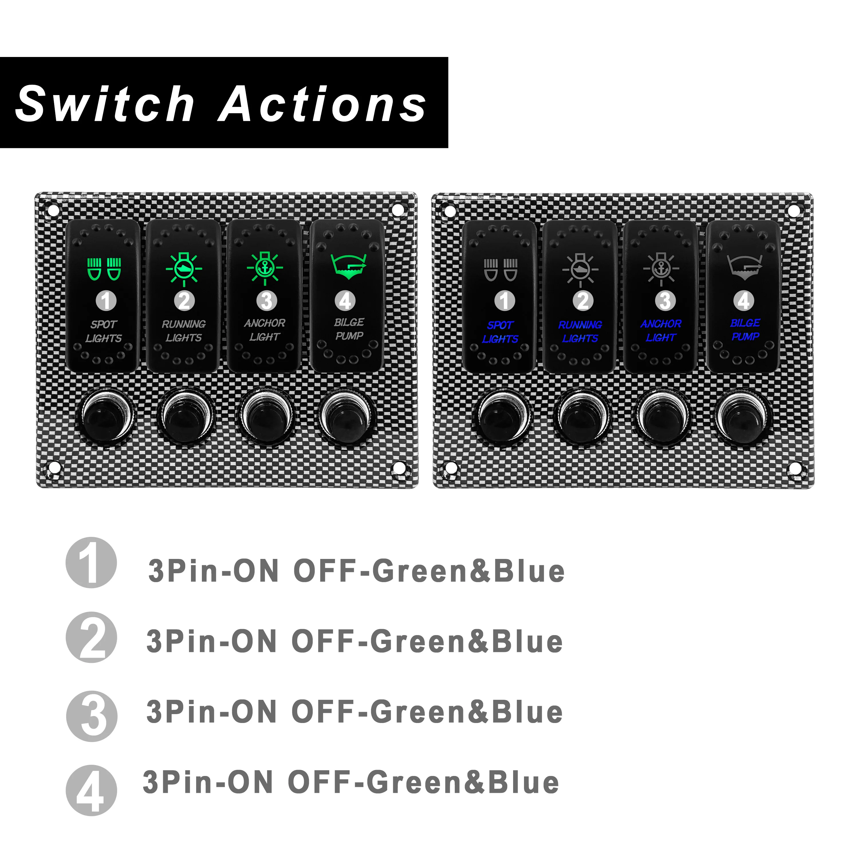 12V Marine Boat 4 Gang Rocker Switch Panel HORN RUNNING LIGHTS ANCHOR LIGHT BILGE PUMP Green & Blue Led Car Switch Waterproof