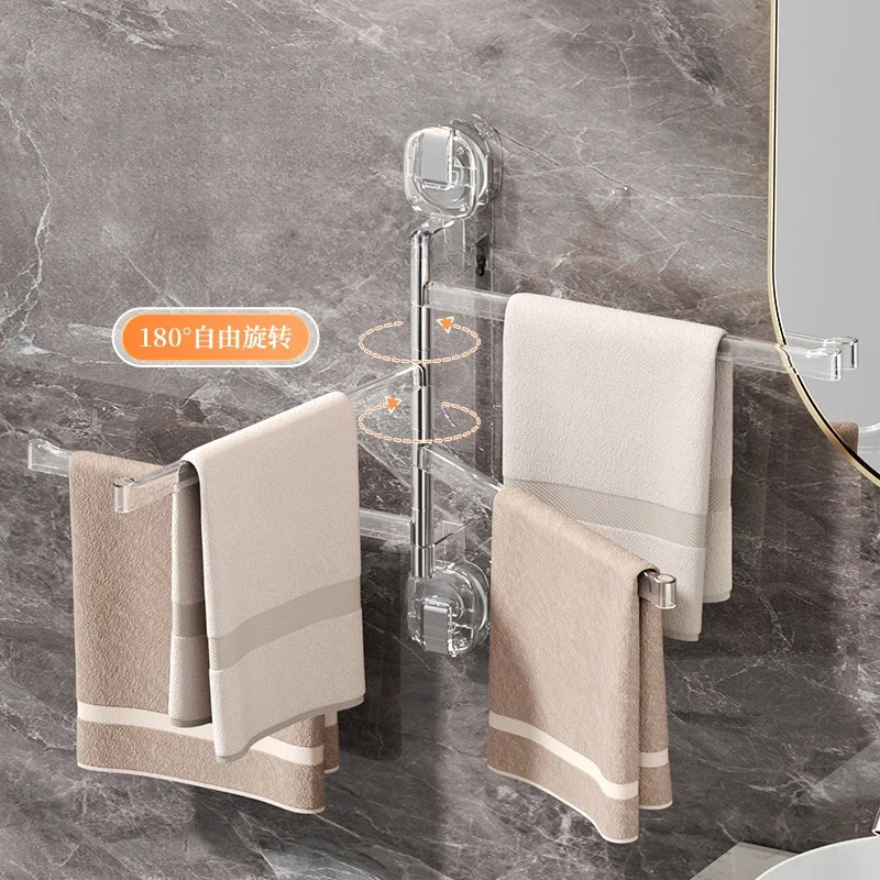 Waterproof Moisture Proof Non Perforated Bathroom Towel Pole Transparent Acrylic Multi Pole Rotating Suction Cup Towel Rack