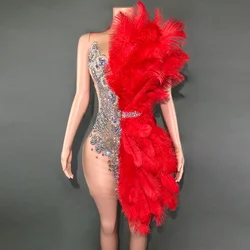 Sparkly Diamonds Mesh Velvet Sleeveless Feathers Short Dress for Women Sexy Celebrate Birthday Dress Performance Dance Costume