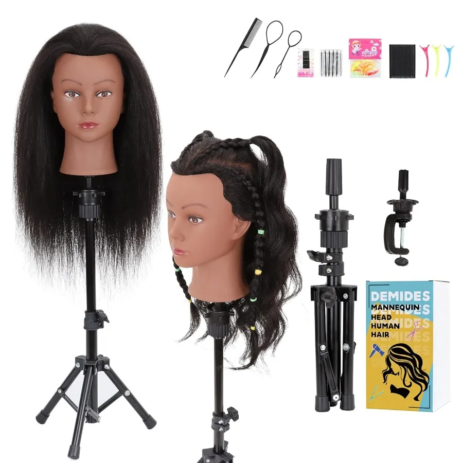 

Mannequin Head with 100 Real Human Hair for Braiding and Cosmetology Training Adjustable Tripod Stand for Hair Styling Practice