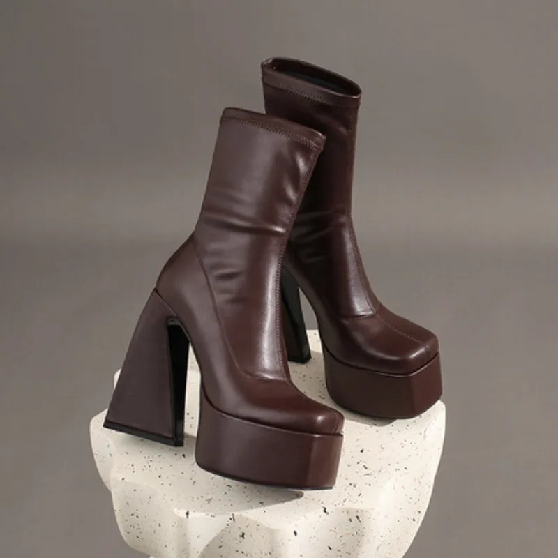 

Stretch Punk Style Gothic Chunky Platform Ankle Boots for Women Autumn Winter Shoes Ladies Strange High Heels Boots Booties