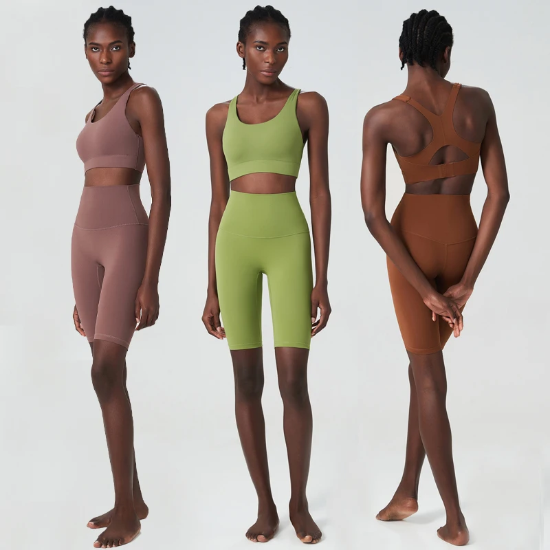 

Summer Two Pieces Fitness Yoga Set Women Solid Color Stretch Fabric Gym Suit Female Workout Running Short Sportswear