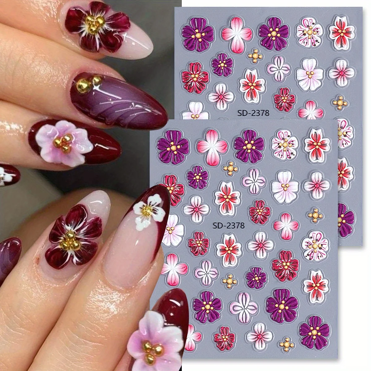 2pcs Gradient Purple Pink Relief Flower Matte Nail Sticker Blooming Big Petal Hibiscus Floral Decal Elegant Wraps Manicure Foils