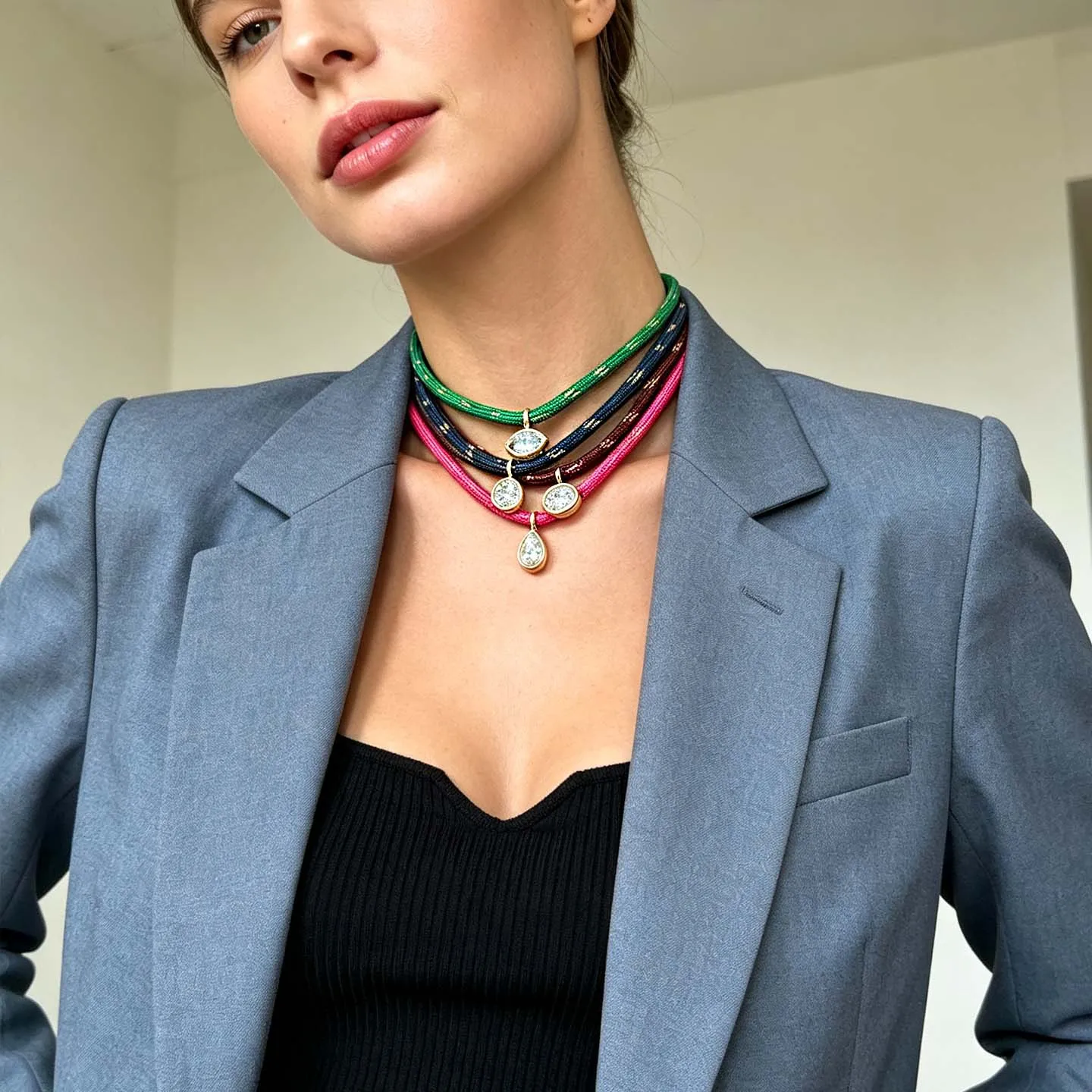Boho Colorful Webbing Cubic Zirconia Pendant Necklace Geometric Layered Clavicle Chain Necklaces for Women Fashion Jewelry Gift