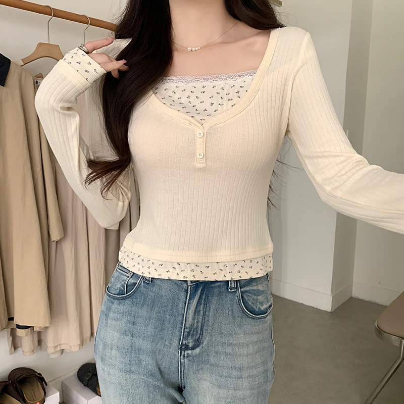 

Lace Floral T-shirts Women Long Sleeve Button Fake Two Piece Slim T-shirt Sweet Streetwear Korean Harajuku Retro Tops