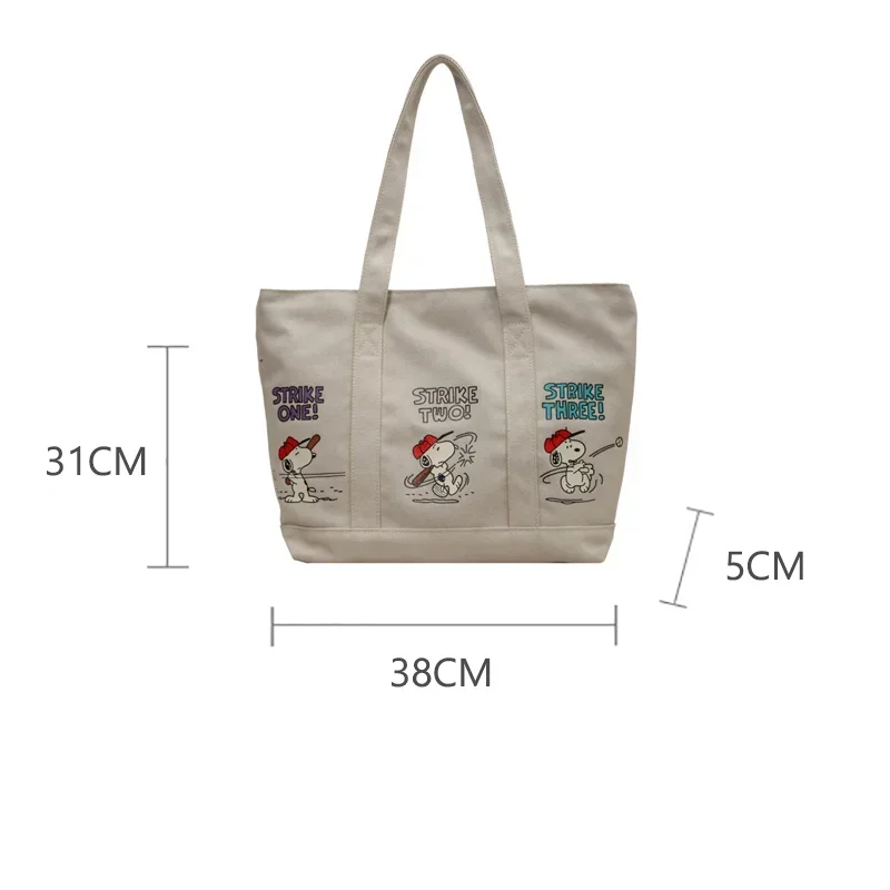 MINISO Disney New Series Cartoon Cute Canvas Bag Women Large Capacity Handbag Casual Tote Bag Snoopy Printing Zip Shoulder Bag