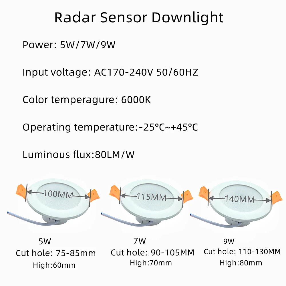 LED Downlight 5W 7W 9W Recessed Ceiling Lamp AC220V Downlight With Intelligent Radar Sensor Lights for Bathroom Stairs Balcony