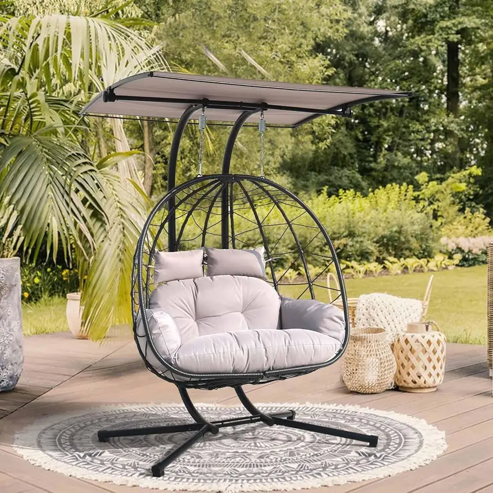 

Double Egg Chair Wth Stand Hammo Swing Chair Foldable Hanging Loveseat, Outdoor Hammo Egg Chair For Patio, Bedroom, Garden And