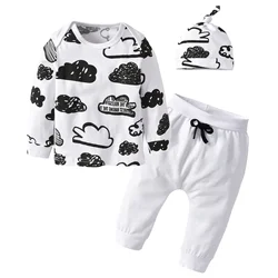 0-2T Toddler Baby Boy Casual Clothes Set New Clouds Printed Long Sleeve T-shirt + Solid Pants + Hat Spring Autumn Newborn Outfit