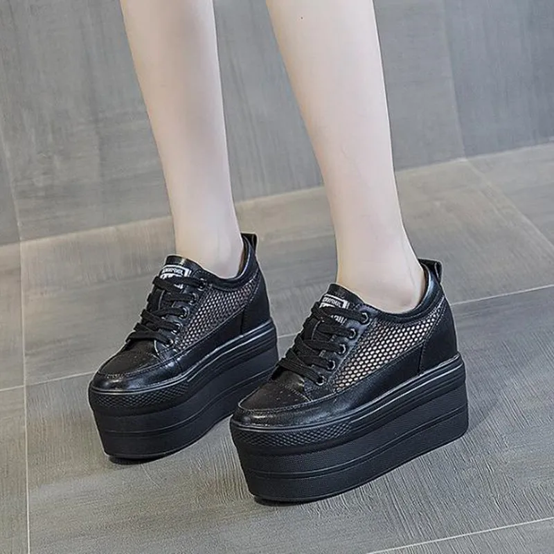 11 سنتيمتر أحذية منصة المرأة الصيف تنفس شبكة الإناث أحذية رياضية موضة سميكة وحيد المرأة جلد طبيعي إسفين حذاء مكتنزة #1