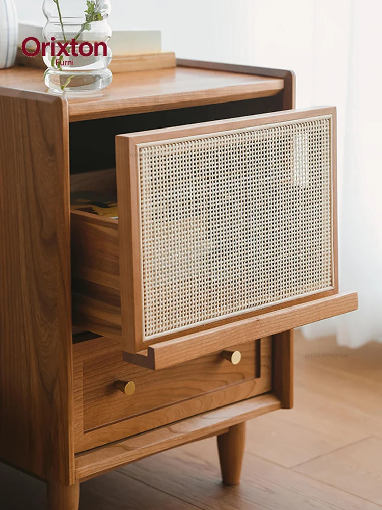 Rattan Weaving Bedroom Furniture, Bedside Table, Multifunctional Small Side Storage Cabinet, Solid Wood Night Stand Customized