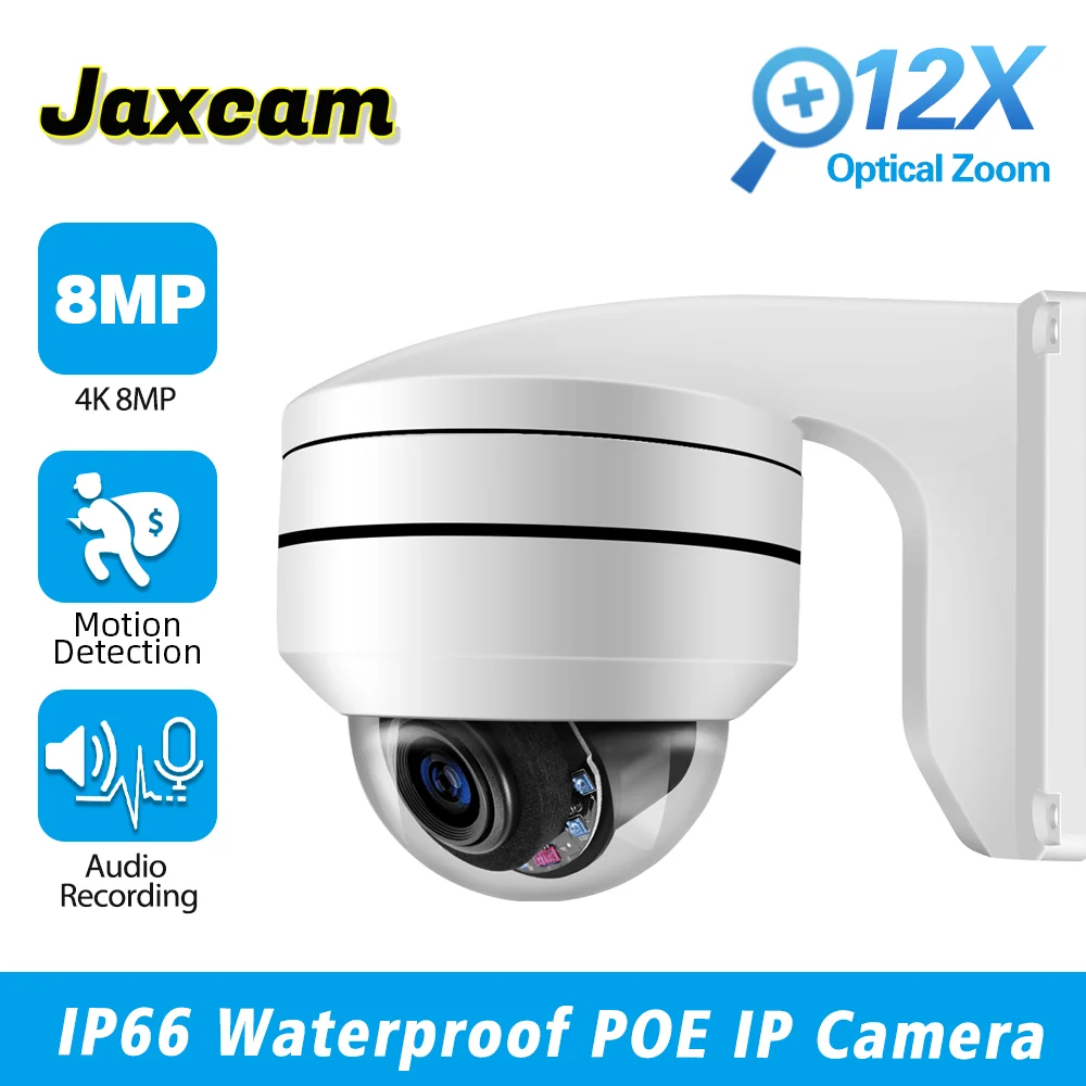 Jaxcam Compatible 8MP 4K PTZ IP Camera Outdoor Dome PoE 12X Optical Zoom CCTV Audio Human Detection Surveillance IP Cameras