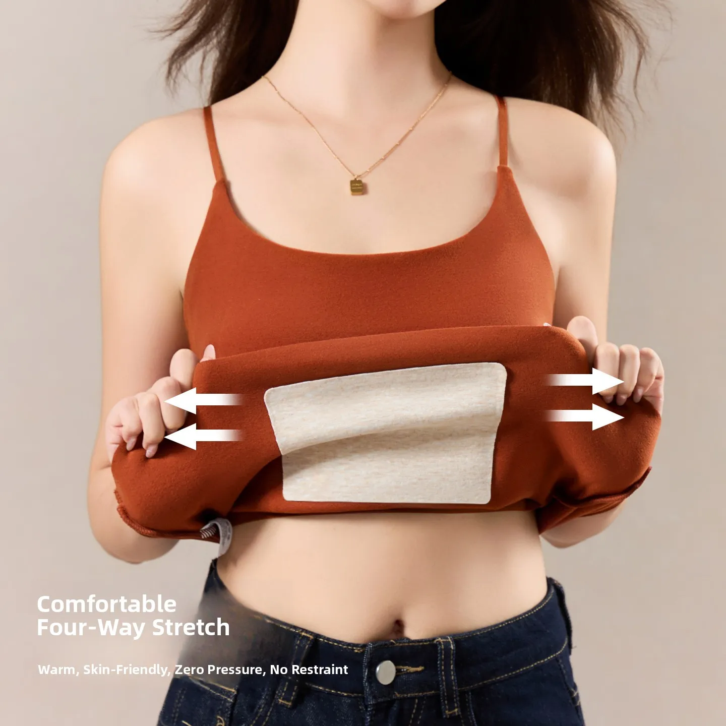 Women's Fleece Lined Thickened Velvet Warm Strap Vest with Patchwork And Chest Pad Fixed Cup Inner Wear Short Pure Color