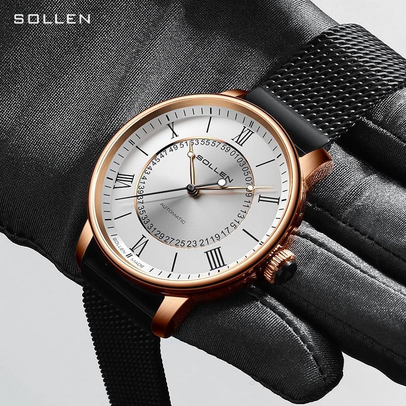 SOLLEN flambant neuf haut de gamme mode montre mécanique creuse hommes en acier inoxydable étanche luxe automatique squelette montres hommes