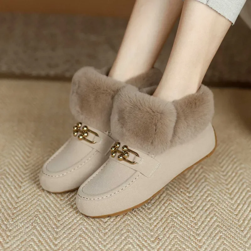 Faux Suede Women\'s Boots 2023 Winter Plush Warm Ladies Snow Boots Simple Solid Slip-on Casual Flat Shoes Botines Para Mujeres