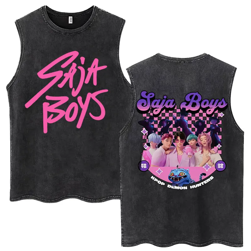 

Аниме KPop Demon Hunters Saja Boys Washed Tank Tops Мужчины Женщины Тенденция Harajuku Винтажная футболка Негабаритная хлопковая футболка без рукавов