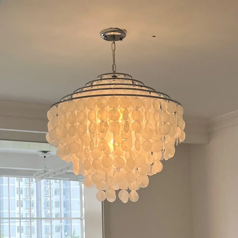 French Retro Design Bedroom Shell Wind Chime Chandelier Light Luxury Living Room Pendant Lights Danish Mother-of-pearl Lamps LED