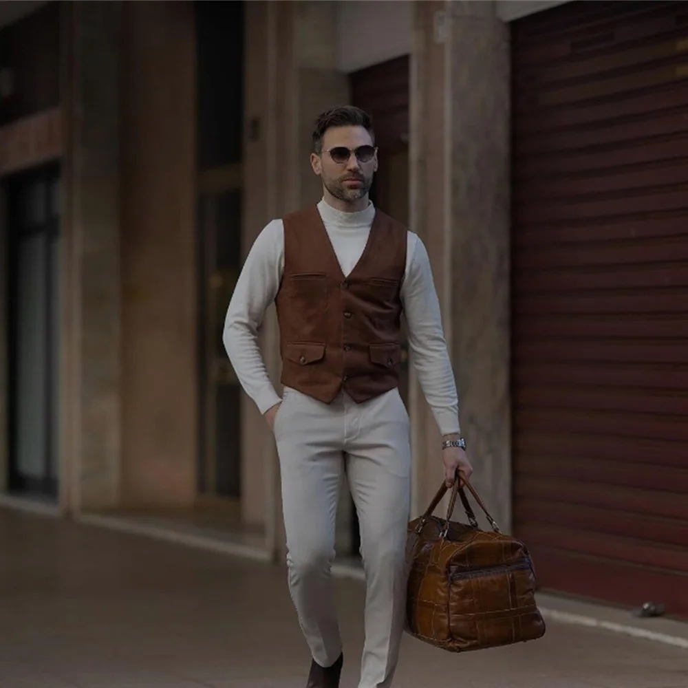 Suits Men’s Vest Work Wear Suede Leather Casual V-Neck Single Breasted Slim Fit Wedding  Vests Male Coat Colete Social Masculino