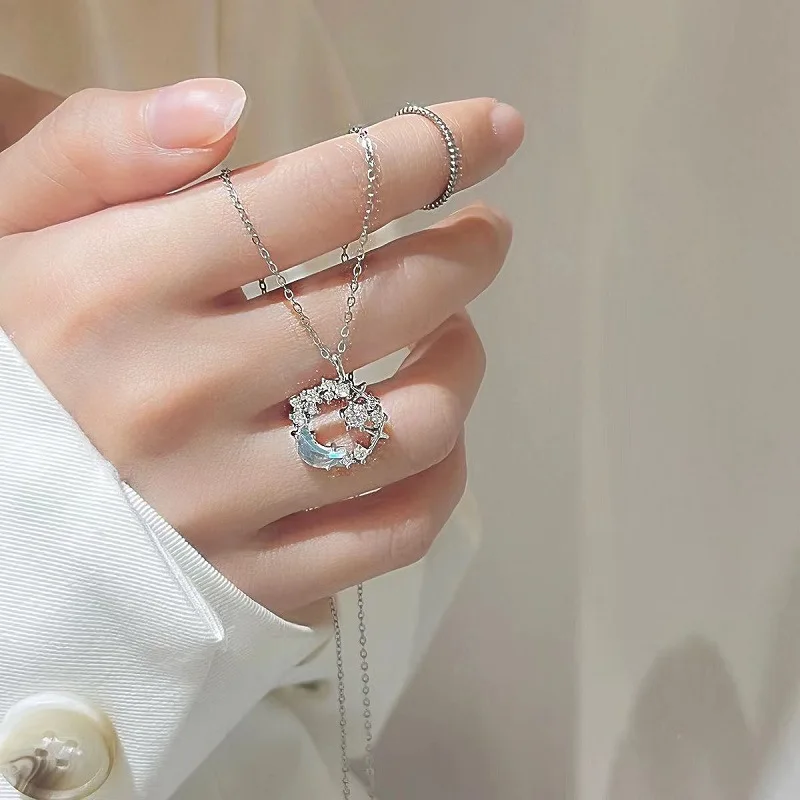 

Elegant Star Blue Moon Pendant Necklace For Women Lady Magic Korean Rhinestone Star Circle Hollow Necklace Party Casual Jewelry