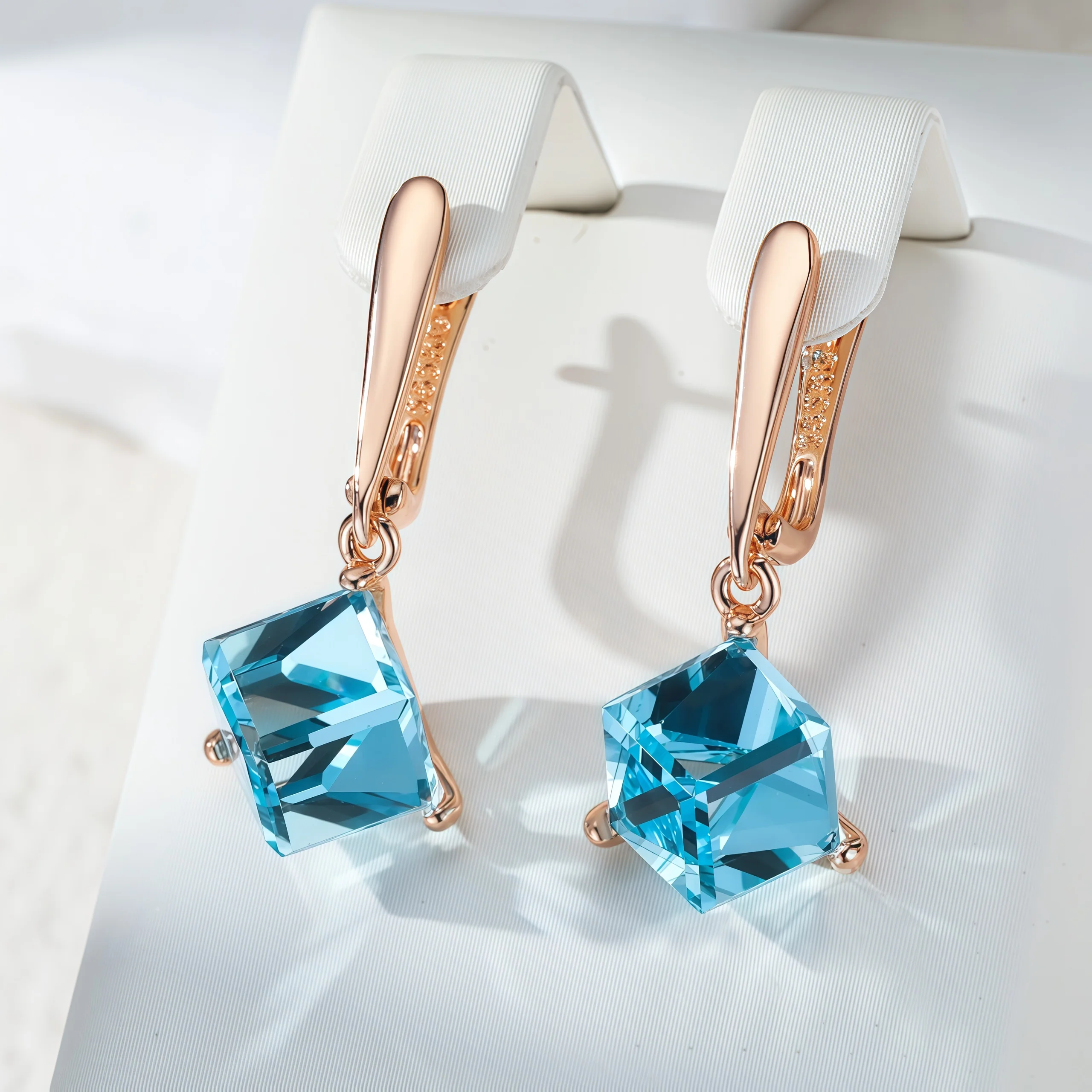 Wbmqda Cube Blauer Stein Damen Lange Tropfenohrringe 585er Roségold Farbe Luxus Hochzeit Schmuck Zubehör