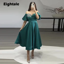 Eightale Green Prom Dress for Wedding Party Satin Off Shoulder Short Sleeves Tea Length Short Evening Gowns Graduation Dress