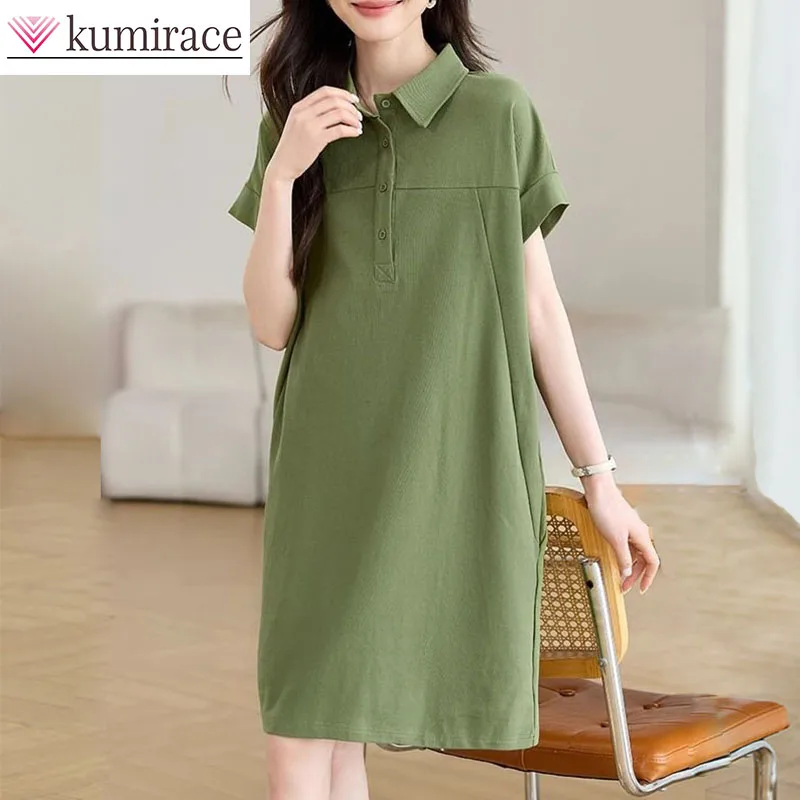 

Summer New Style Casual Lapel Dress, Women's Belly Covering A-line Skirt, Commuting Plus Size Loose Mid Length T-shirt Skirt