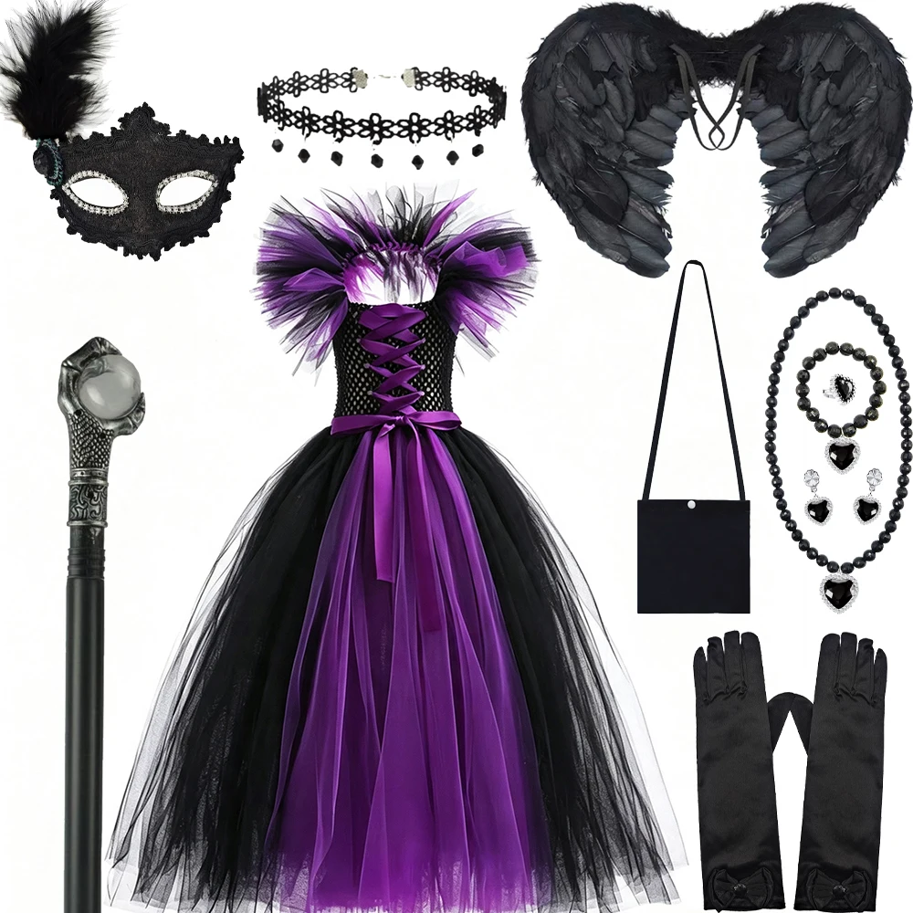 Halloween-Kostüm „Böse Königin“ für Mädchen, luxuriöses lila Tüll-Hexenkleid, Kindergröße 2–12 Jahre, Karnevalsparty, Bühnen-Cosplay-Outfit – Detail 10