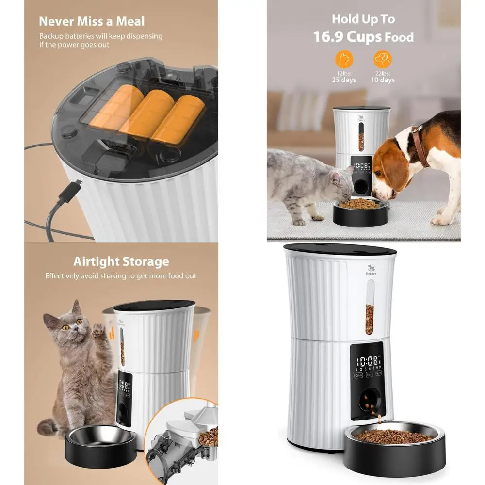 Timed Automatic Cat Feeders - 4L Programable Dry Food Dispenser for Cats and Small Medium Dogs 6 Meals with Desiccant Bag Dual P
