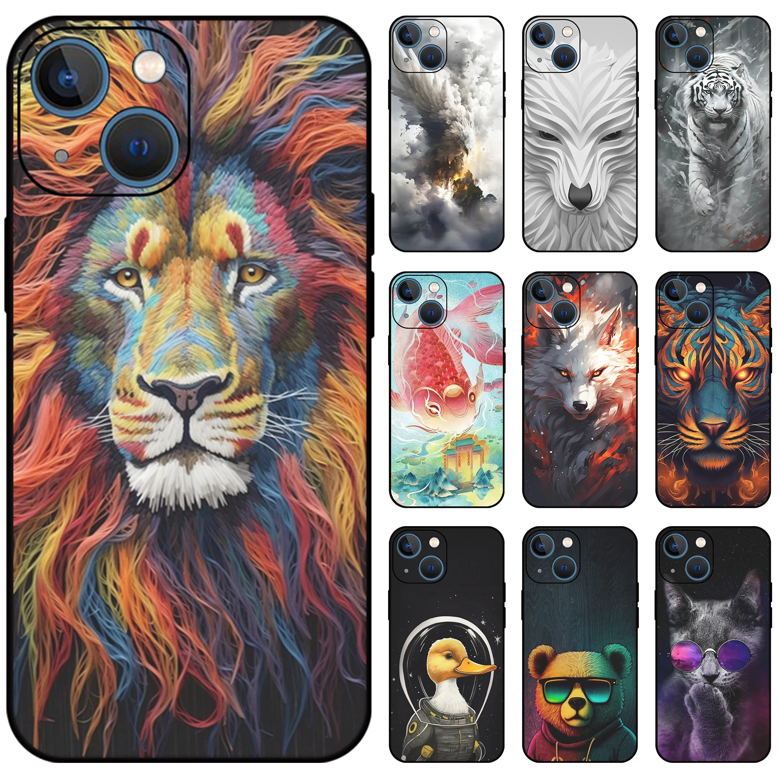 Silicone Case For iPhone 13 12 Mini 11 Pro Max 5 5S SE 2020 2022 5G Fashion Cartoon Cat Tiger Lion Wolf Duck Animals Back Cover