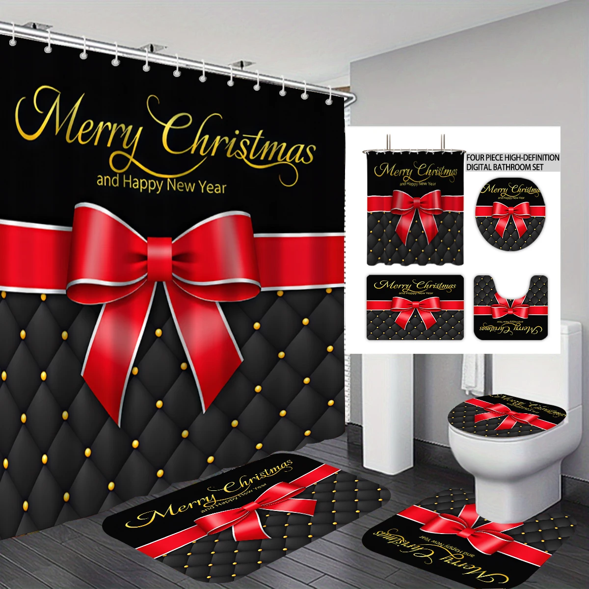 4PCS Red Bow Christmas-themed Patterned Bathroom Set, Including Bath Curtain, Toilet Seat Cover, and U-Shaped Floor Mat