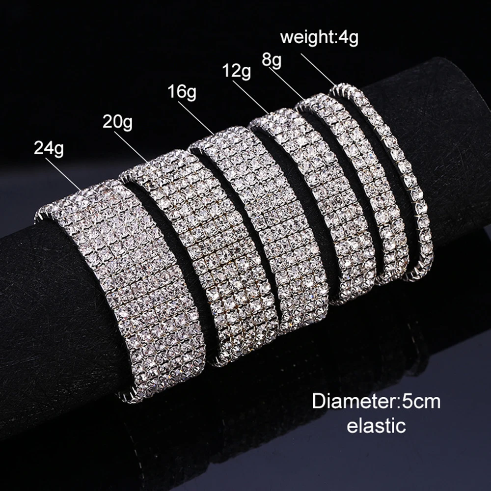 1-8Rows Full Rhinestone Crystal Bracelets For Women Fashion Silver Gold Color Elastic Bracelets Female Party Wedding Jewelry