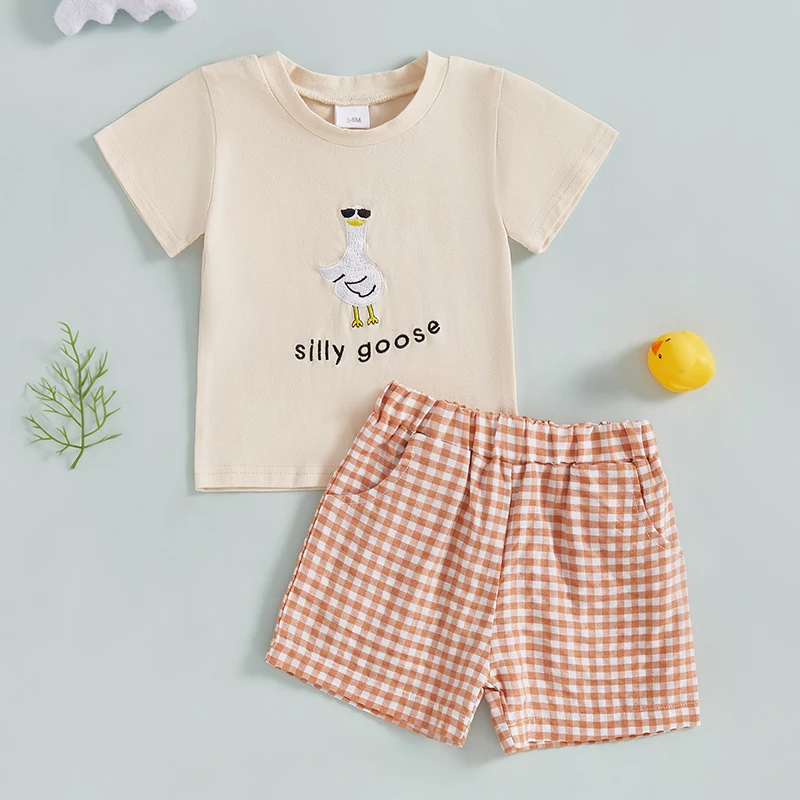 

Lioraitiin Toddler Baby Shorts Set Goose Embroidered Short Sleeve Tops Plaid Elastic Waist Shorts Summer Clothes 2Pcs Set